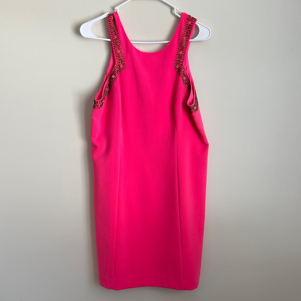Lilly Pulitzer Largo Shift Vibrant Tropical Pink Dress with Gold Beaded Detail